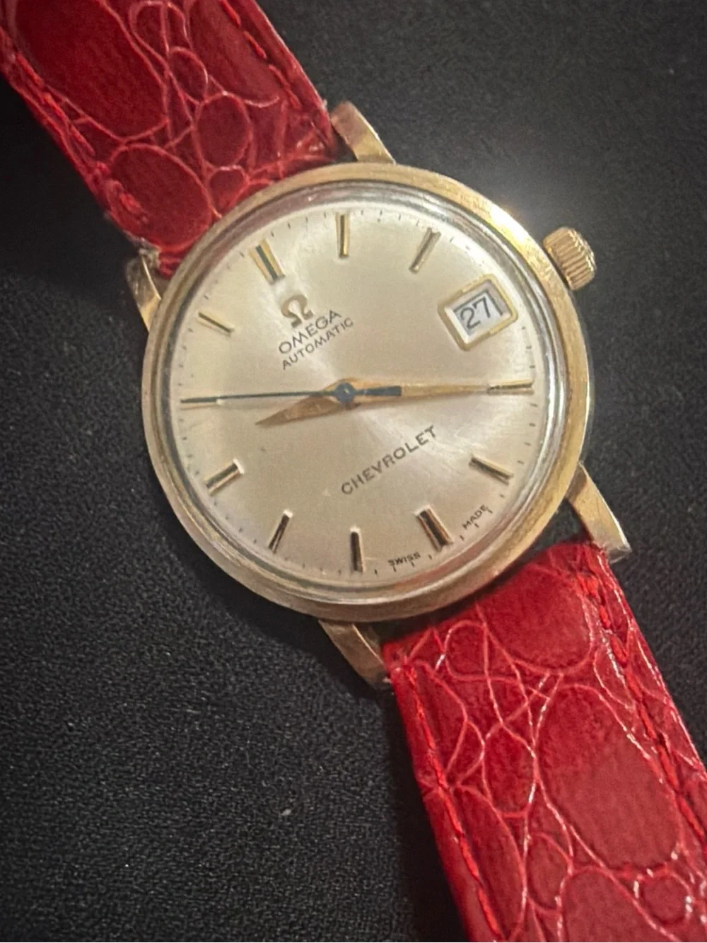 Vintage Omega Automatic Men’s Watch - Red Leather Strap and Chevrolet dial
